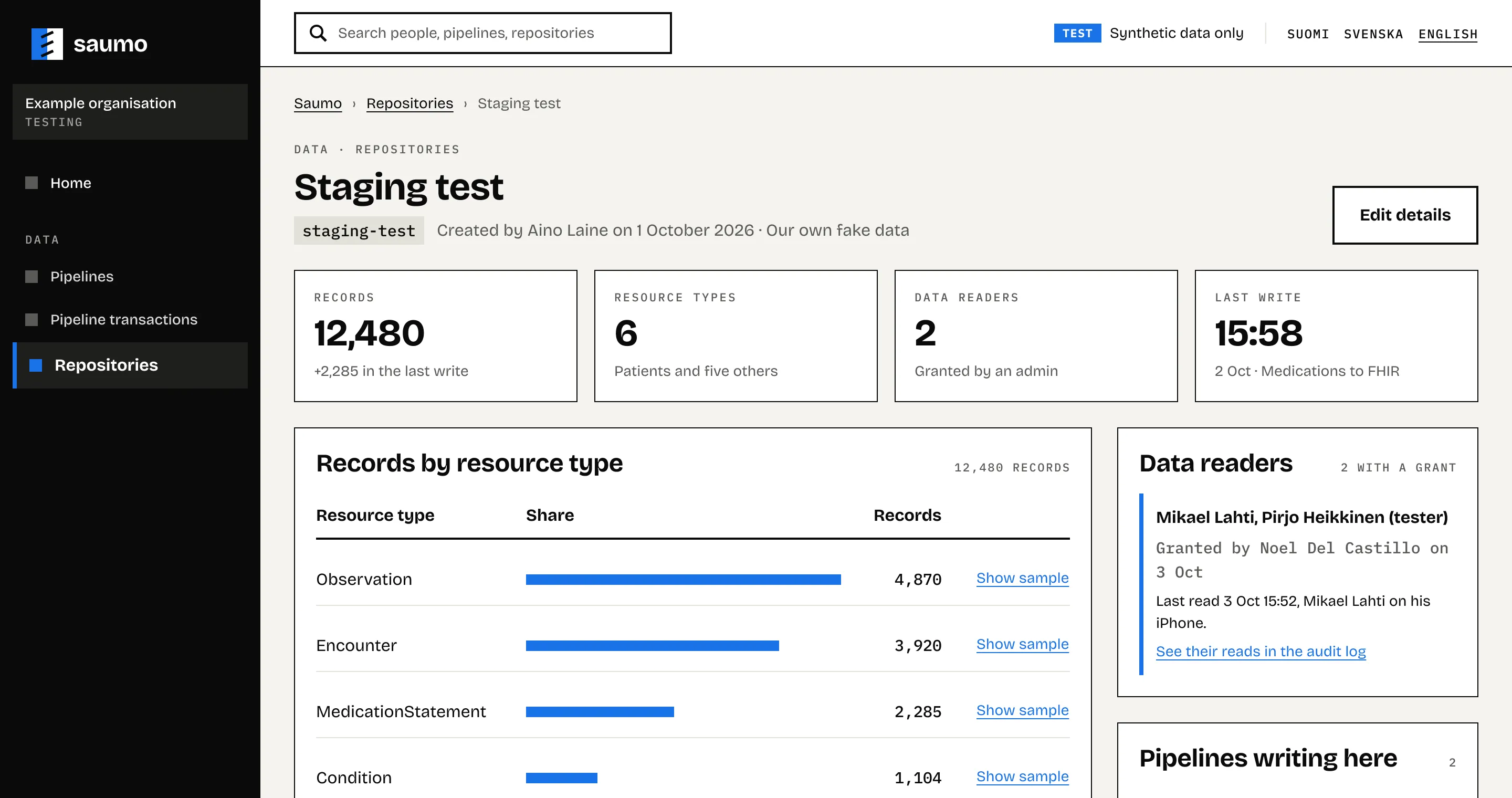 Saumo screen: a test repository with its records by resource type. Synthetic data only.